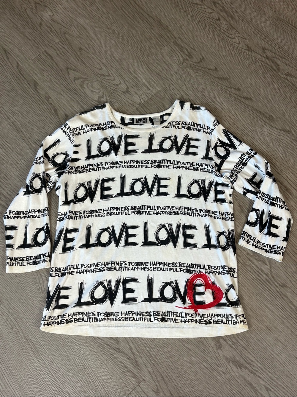 Chico's White Black 'LOVE' Graphic Long Sleeve Top with Red Heart Accent